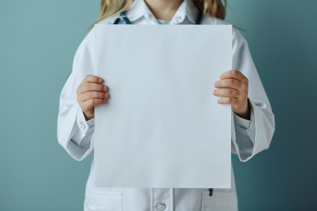 Foto uma menina com uma bata de laboratório segurando um pedaço de papel