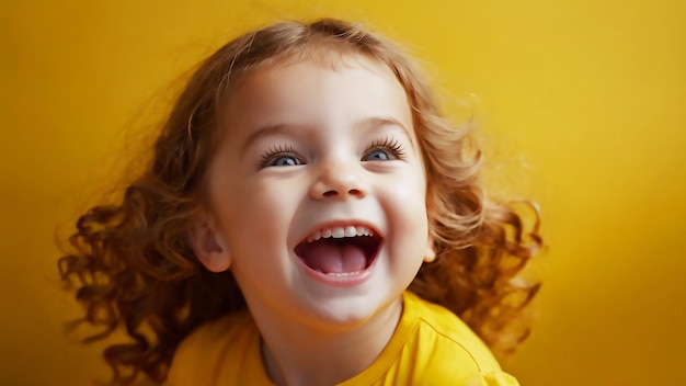 uma menina com uma camisa amarela que diz "feliz"