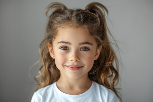 uma menina com uma camisa branca que diz a palavra nele
