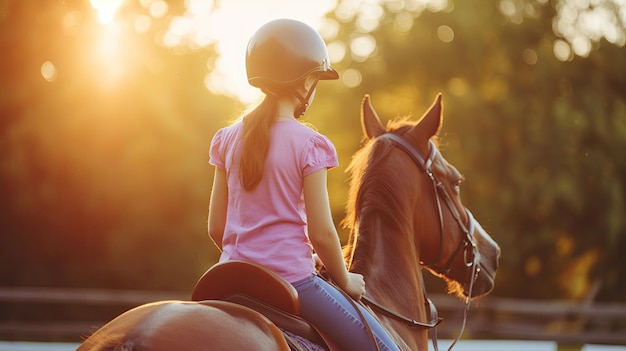 Foto uma menina com uma camiseta rosa e um capacete está envolvida em aulas de equitação
