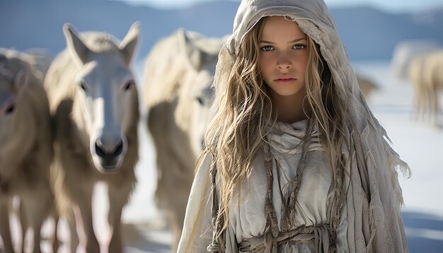 uma menina com uma capa branca e uma ovelha ao fundo