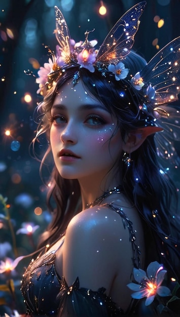 uma menina com uma coroa de flores e as palavras beleza em sua cabeça