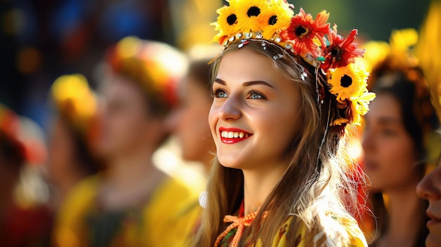 Uma menina com uma coroa de flores na cabeça