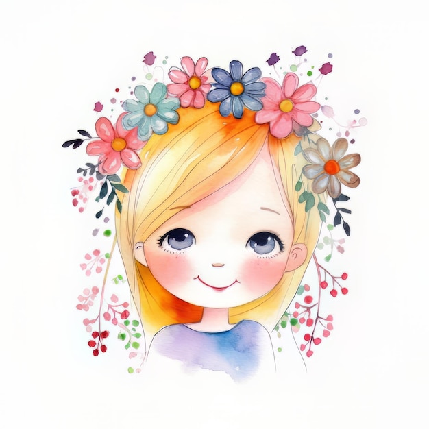 Uma menina com uma coroa de flores na cabeça