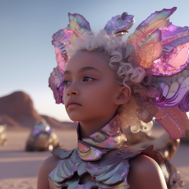 uma menina com uma flor na cabeça está usando um vestido com uma flor.