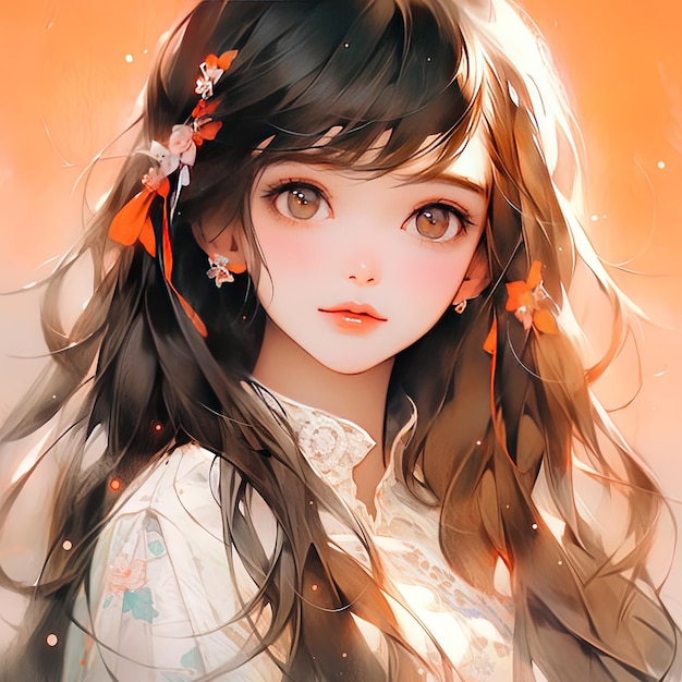 Uma menina com uma flor no cabelo.