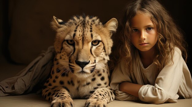 Foto uma menina com uma gueparda e um leopardo