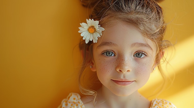 Uma menina com uma margarida escondida atrás da orelha