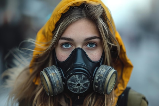 Uma menina com uma máscara de gás em uma rua da cidade Auxílio respiratório protetor