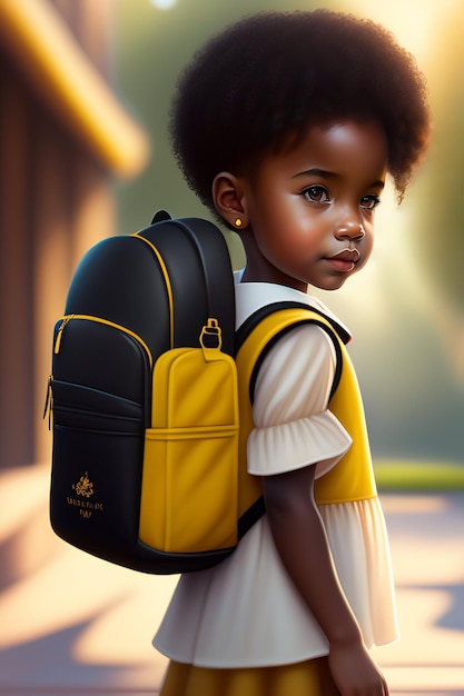 Uma menina com uma mochila amarela e preta