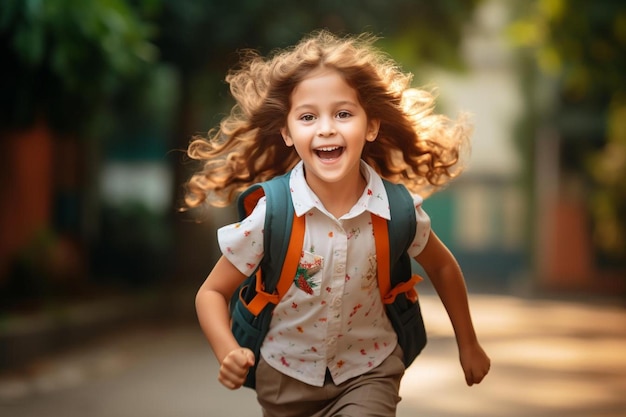 Uma menina com uma mochila e uma mochila que diz "ela é uma menina".