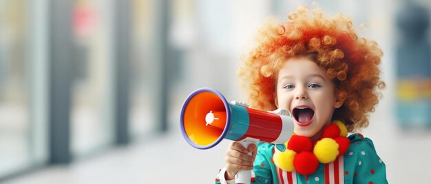 uma menina com uma peruca laranja segurando um megafone