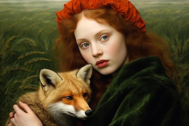 Uma menina com uma raposa em seus braços