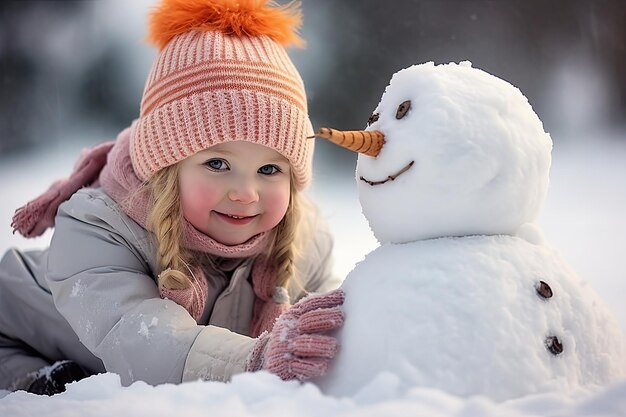 Uma menina constrói um boneco de neve com nariz de cenoura e olhos de carvão