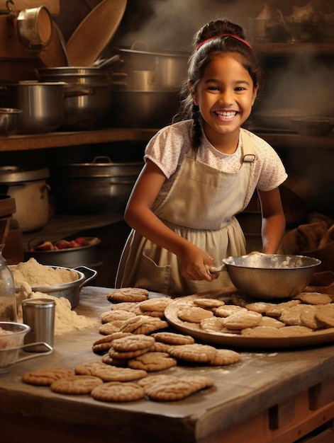 Uma menina cozinha biscoitos em uma cozinha com uma panela de biscoitos.