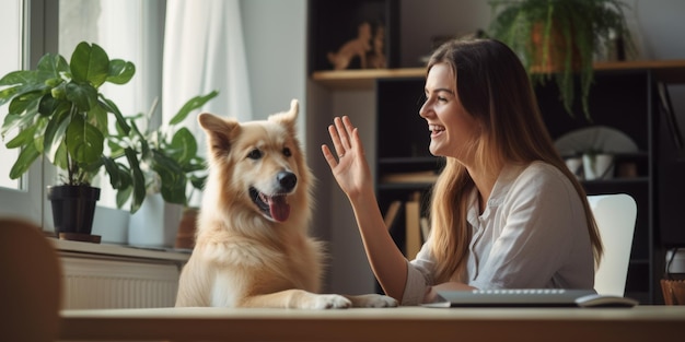 Uma menina dá um high five ao seu animal de estimação Treinando seu amado cão em casa à mesa IA generativa