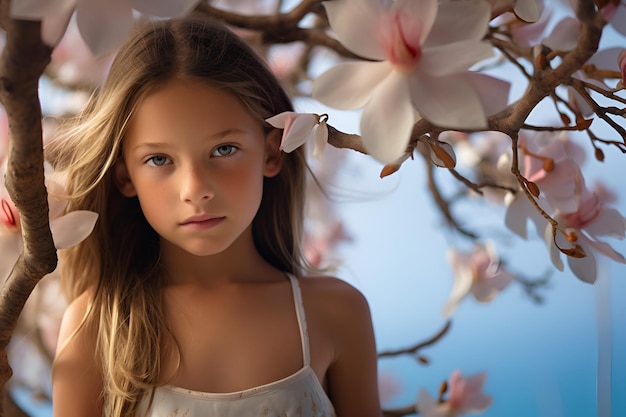 uma menina de 1.012 anos com cabelos soltos e flores de magnólia retrato de uma criança com flores exóticas