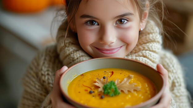 Foto uma menina de 12 anos come sopa de puré de abóbora.