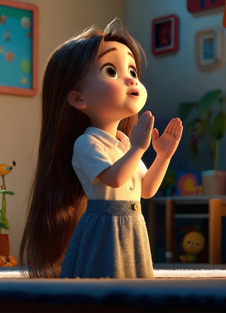 Uma menina de 3 anos com cabelos longos e retos vestindo uma camisa branca orando a Deus em estilo PIXAR 3D