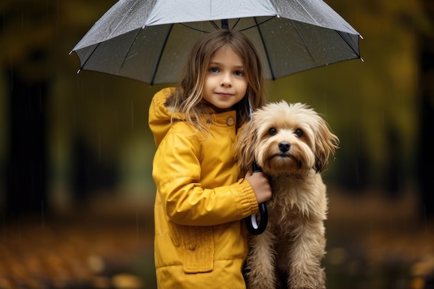 Uma menina de 8 anos fica do lado de fora na chuva e segura um guarda-chuva sobre um cachorrinho perdido e fofo