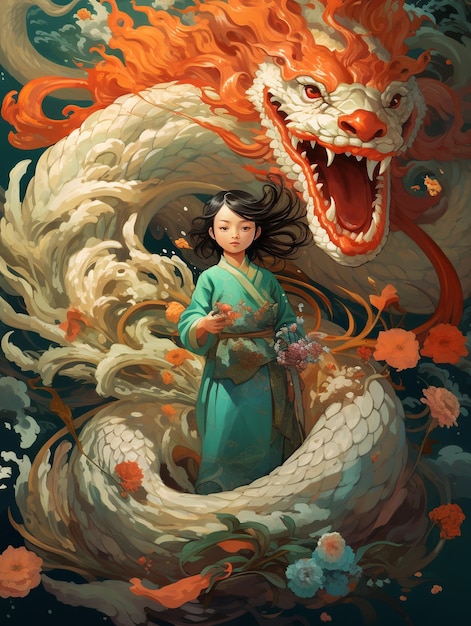 Uma menina de cabelo longo com um dragão.