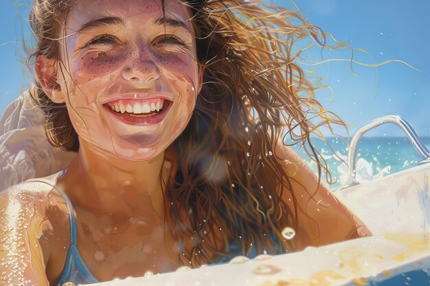 Uma menina de cabelo longo está sorrindo e sentada em uma jangada branca no oceano