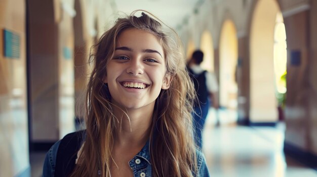 Uma menina de cabelo longo está sorrindo e vestindo uma jaqueta azul