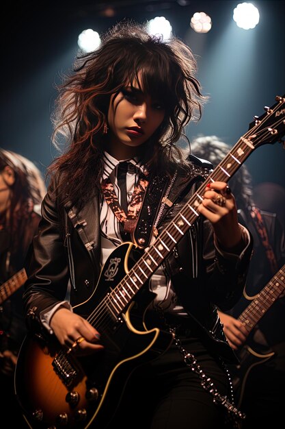 uma menina de cabelo longo está tocando guitarra