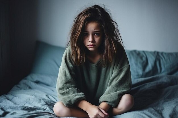 uma menina de cabelo longo senta-se em uma cama com um cobertor verde