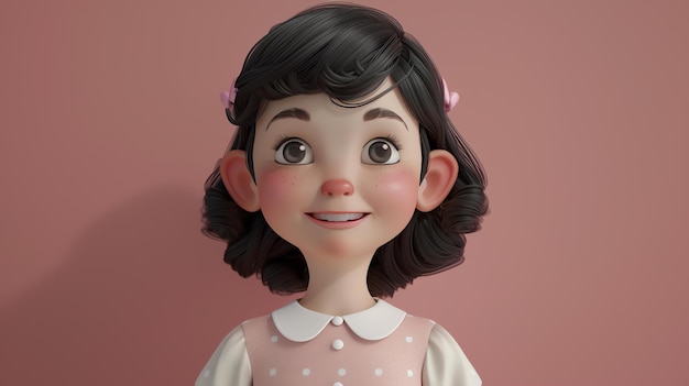 Uma menina de cabelo preto e olhos castanhos sorrindo ela está vestindo um vestido rosa com pontos brancos e um colarinho branco