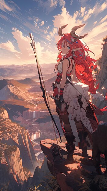 uma menina de cabelo vermelho está de pé em uma montanha com uma espada