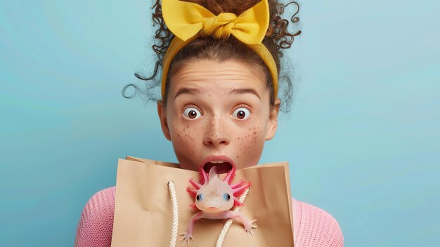 Foto uma menina de cabelos rizados com sardas e um laço amarelo na cabeça olha para a câmera em choque e surpresa quando um axolotl emerge de um saco de papel na frente