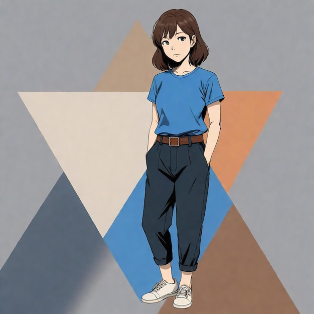 Foto uma menina de camisa azul está de pé na frente de uma forma geométrica