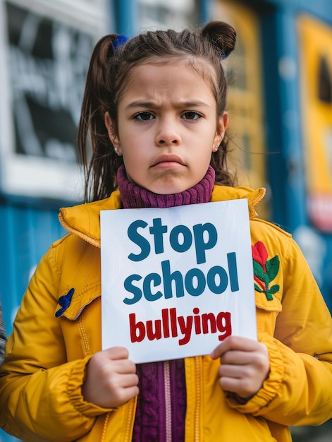 Foto uma menina de casaco amarelo segura um cartaz exigindo o fim da escola intimidando sua testa arrugada mostrando sua preocupação com seus colegas