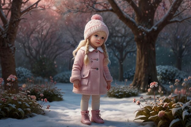 uma menina de casaco e chapéu rosa está na neve