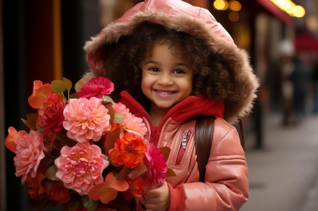 uma menina de casaco rosa segurando um buquê de flores