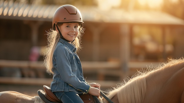 Uma menina de cerca de 6 anos sorri e vai montar a cavalo Aulas de equitação em um rancho ou fazenda