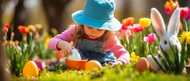 uma menina de chapéu azul e macacão brincando com ovos de páscoa