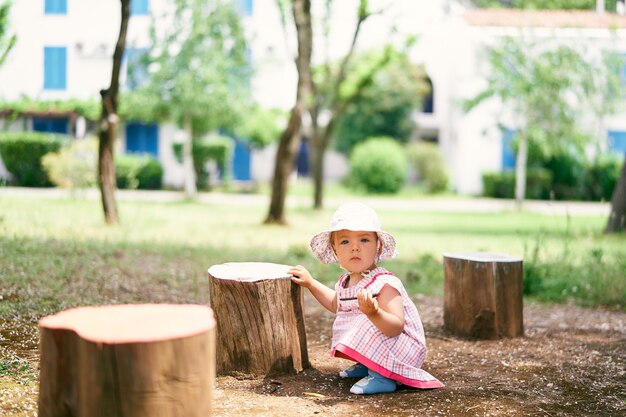 Uma menina de chapéu sentou-se perto dos tocos