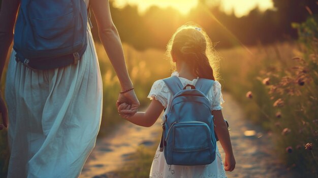 Foto uma menina de escola vai para casa com a mãe depois da escola uma menina vestindo uma mochila azul e um vestido branco segura a mão da mãe e caminha à luz do pôr do sol