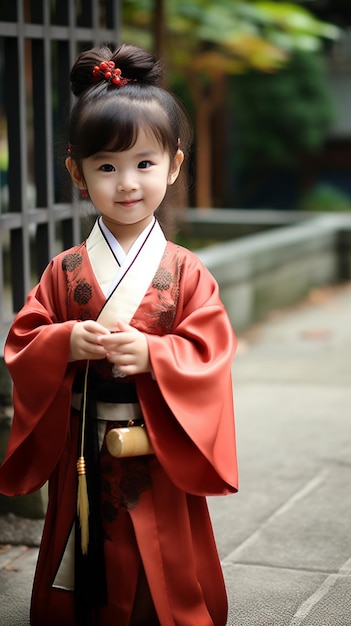 Foto uma menina de kimono com um kimono vermelho.