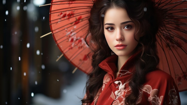 uma menina de kimono vermelho com guarda-chuva com neve branca Hokkaido Japão