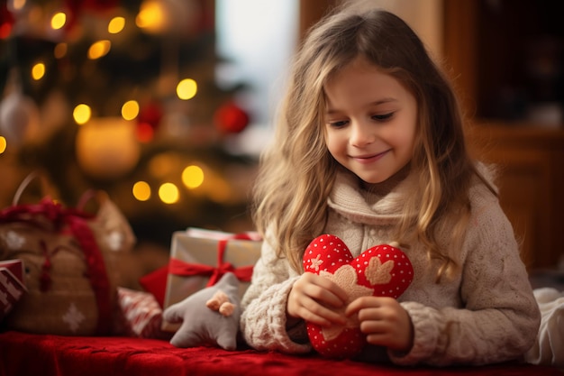 Uma menina de Natal com corações de Natal