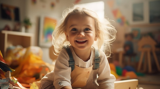 Uma menina de olhos brilhantes com um sorriso radiante numa sala de jogos iluminada pelo sol