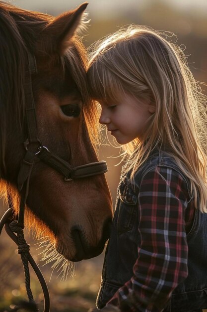 uma menina de pé ao lado de um cavalo castanho