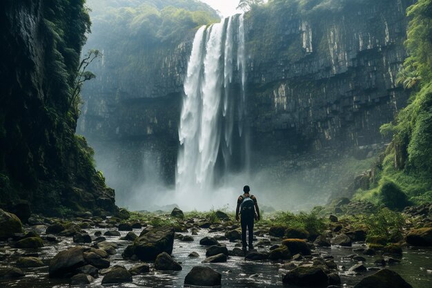 Foto uma menina de pé em frente ao fundo da cachoeira
