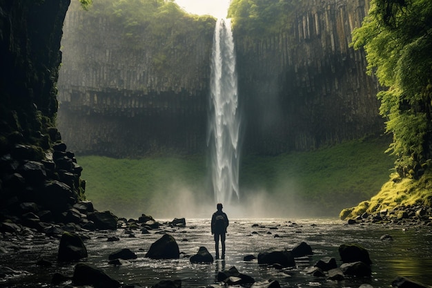 Foto uma menina de pé em frente ao fundo da cachoeira