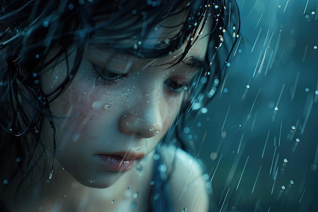 Uma menina de pé na chuva com os olhos fechados