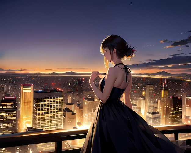 uma menina de pé no telhado de uma cidade Ai gerado