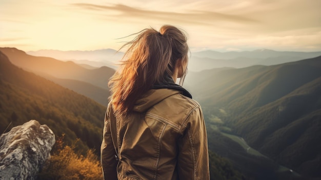 Uma menina de pé no topo de uma montanha ao pôr do sol gerada pela IA